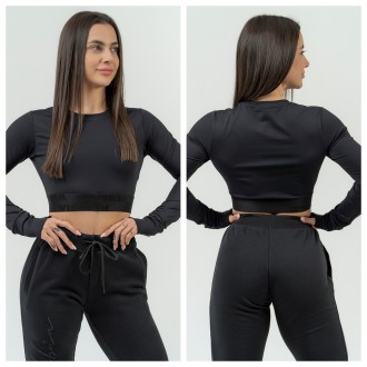 NEBBIA - Športový crop top s dlhým rukávom 839 (black)