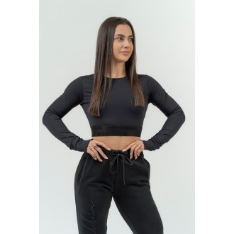 NEBBIA - Športový crop top s dlhým rukávom 839 (black)