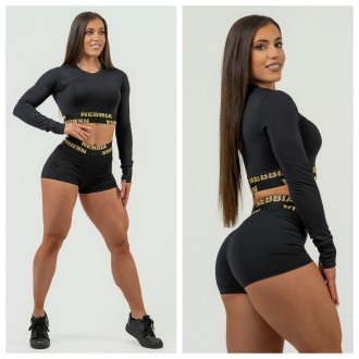 NEBBIA - Crop top s dlhým rukávom na cvičenie 839 (black-gold)