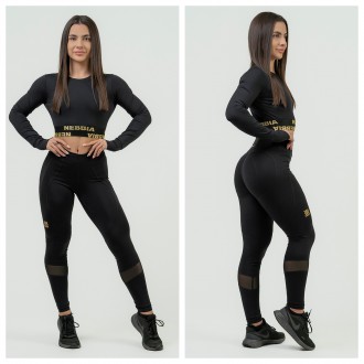 NEBBIA - Crop top s dlhým rukávom na cvičenie 839 (black-gold)