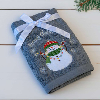 Sivý vianočný uterák s motívom snehuliaka (OLXMAS05)