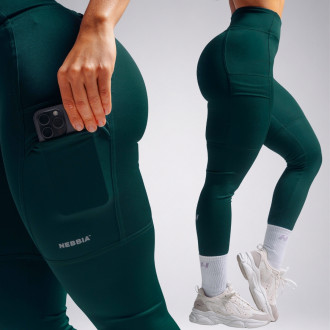 NEBBIA - High-waist tvarujúce legíny s vreckami PRIMAL 851 (DARK GREEN)